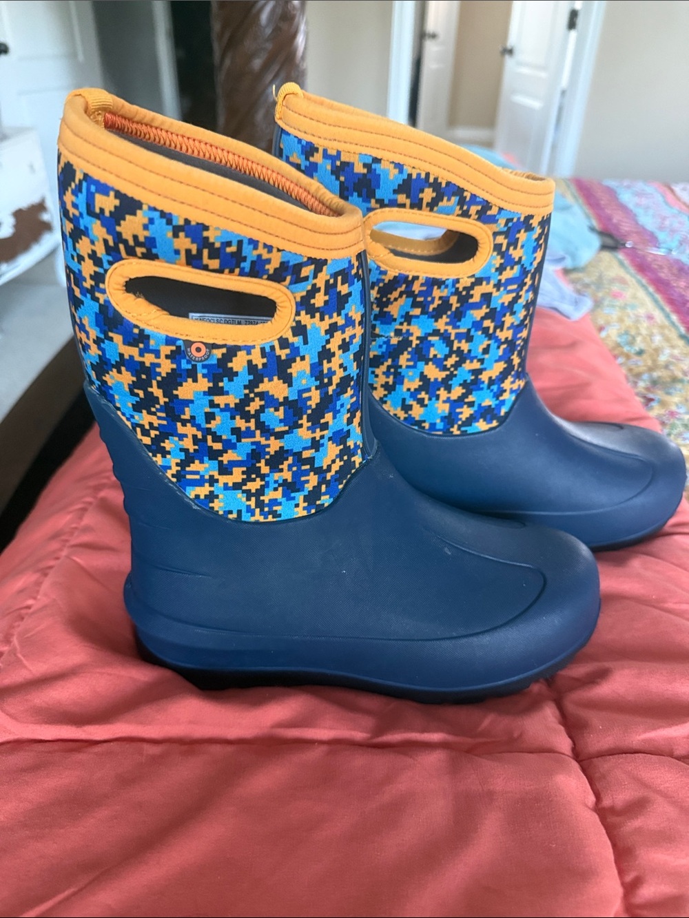Bogs Kids Navy Blue Rain Boots with Orange Trim and Multicolor Pixel Cuff
